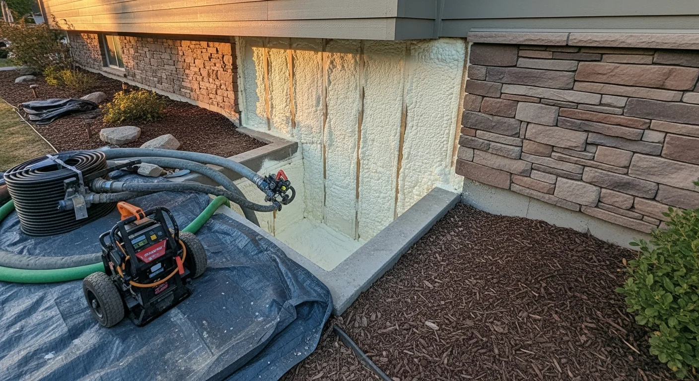 Technician spraying foam insulation in crawl space