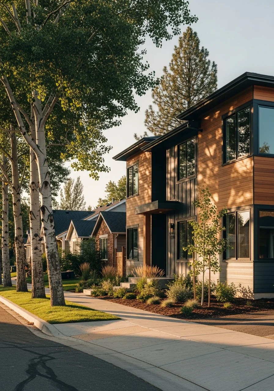 Newly constructed home in Boise neighborhood with modern exterior and mature landscaping.