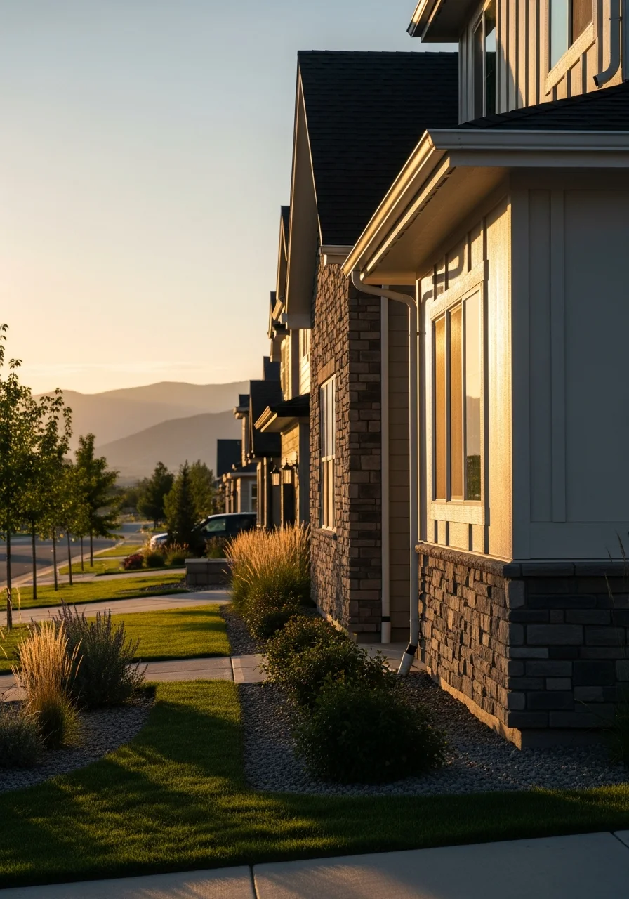 Modern home exterior with stone and siding accents in Eagle residential development.