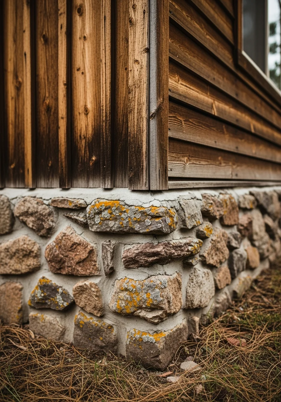 Close-up of a well-maintained cabin exterior with stone foundation and weathered wood siding in foothill setting.