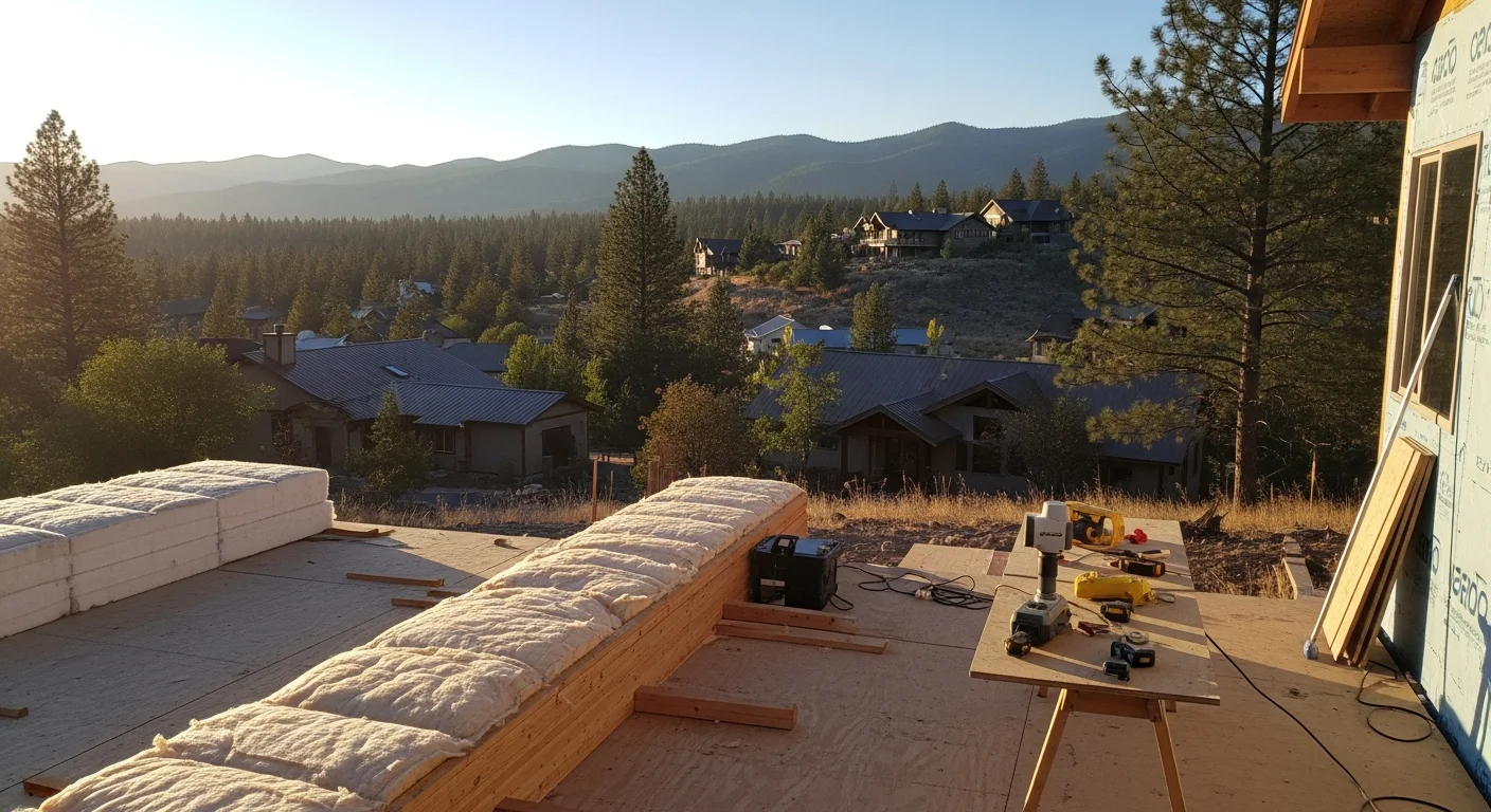 Mountain valley with scattered homes nestled among pine trees and sloped terrain under clear sky.
