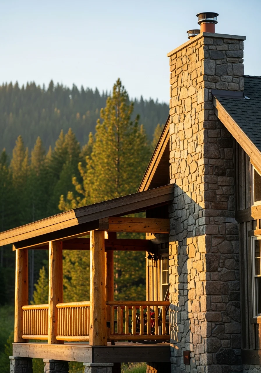 Rustic mountain cabin with stone chimney and covered porch overlooking forested landscape.