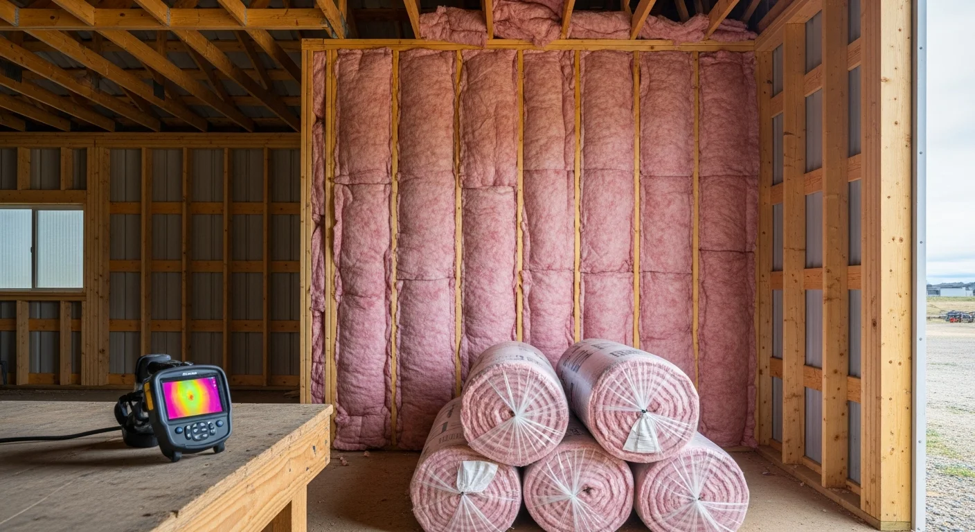 Interior of an insulated agricultural barn in Garden Valley, Idaho, showing treated walls and ceiling of a livestock shelter. The barn structure displays applied insulation across the roof line and side walls, with a clean dry interior suitable for animal housing and feed storage.