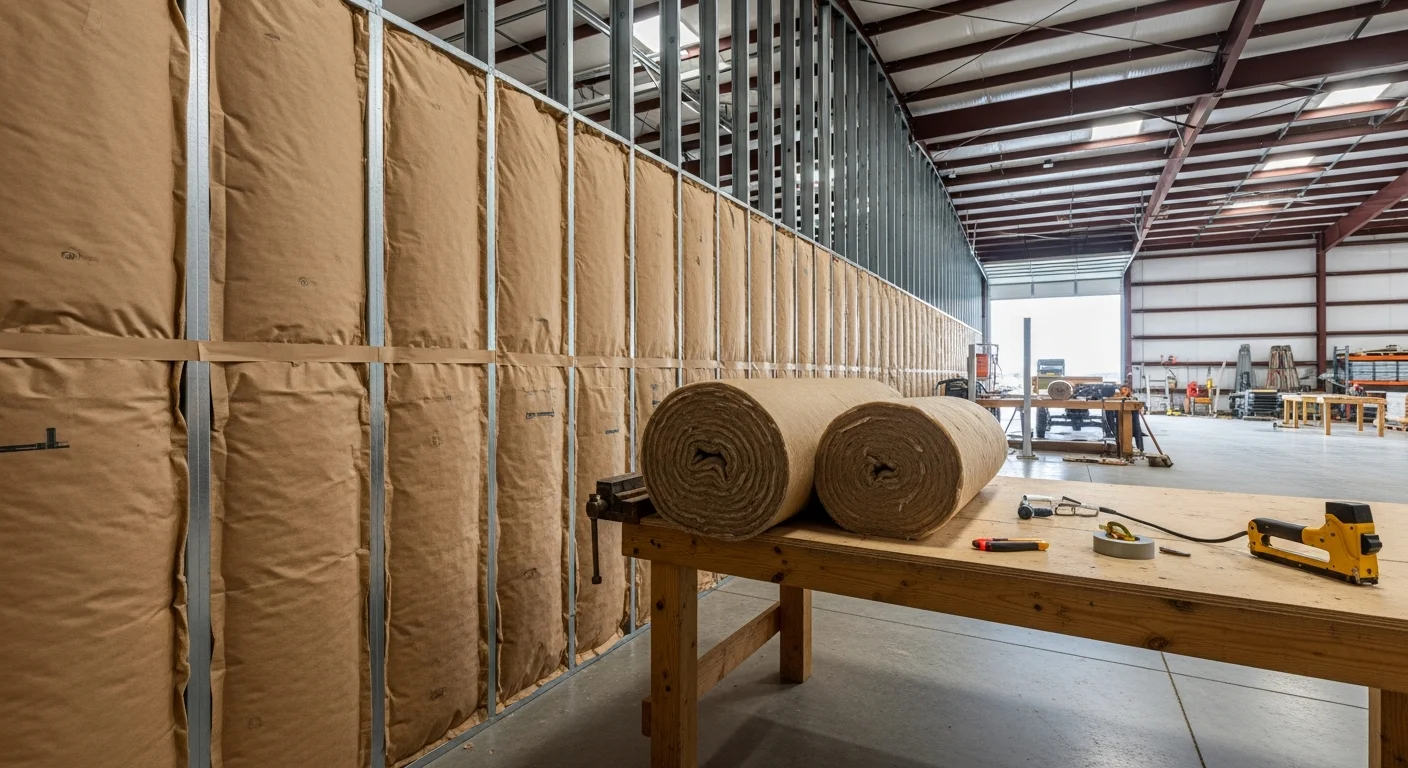 Interior of an insulated agricultural shop in Garden Valley, Idaho showing finished wall and ceiling insulation on a metal-frame pole barn structure. Snow-covered mountain terrain is visible through the open shop door in the background.