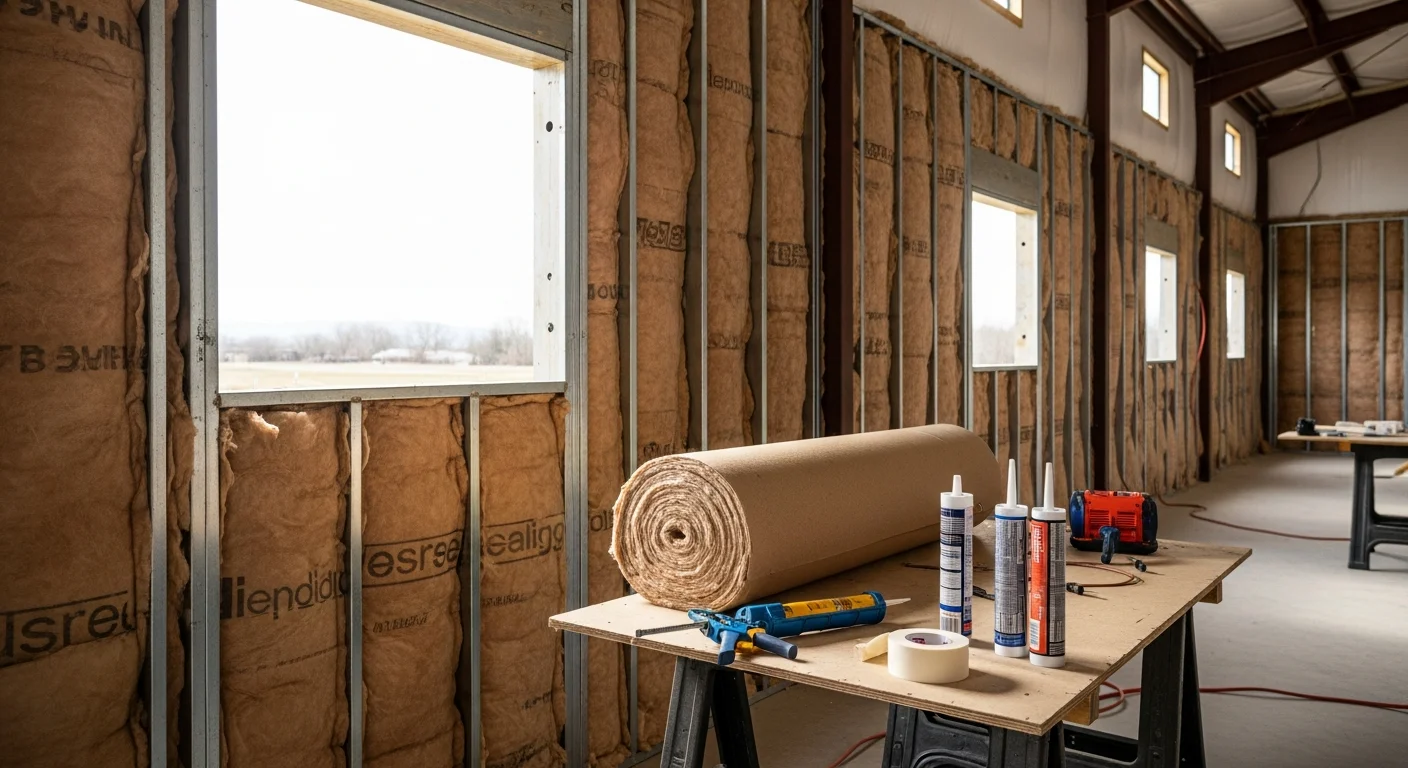 Interior view of a metal-framed barndominium in Garden Valley, Idaho, with spray foam insulation applied to steel wall panels and ceiling rafters. The building shows a combined living and shop space with insulated walls ready for finishing.