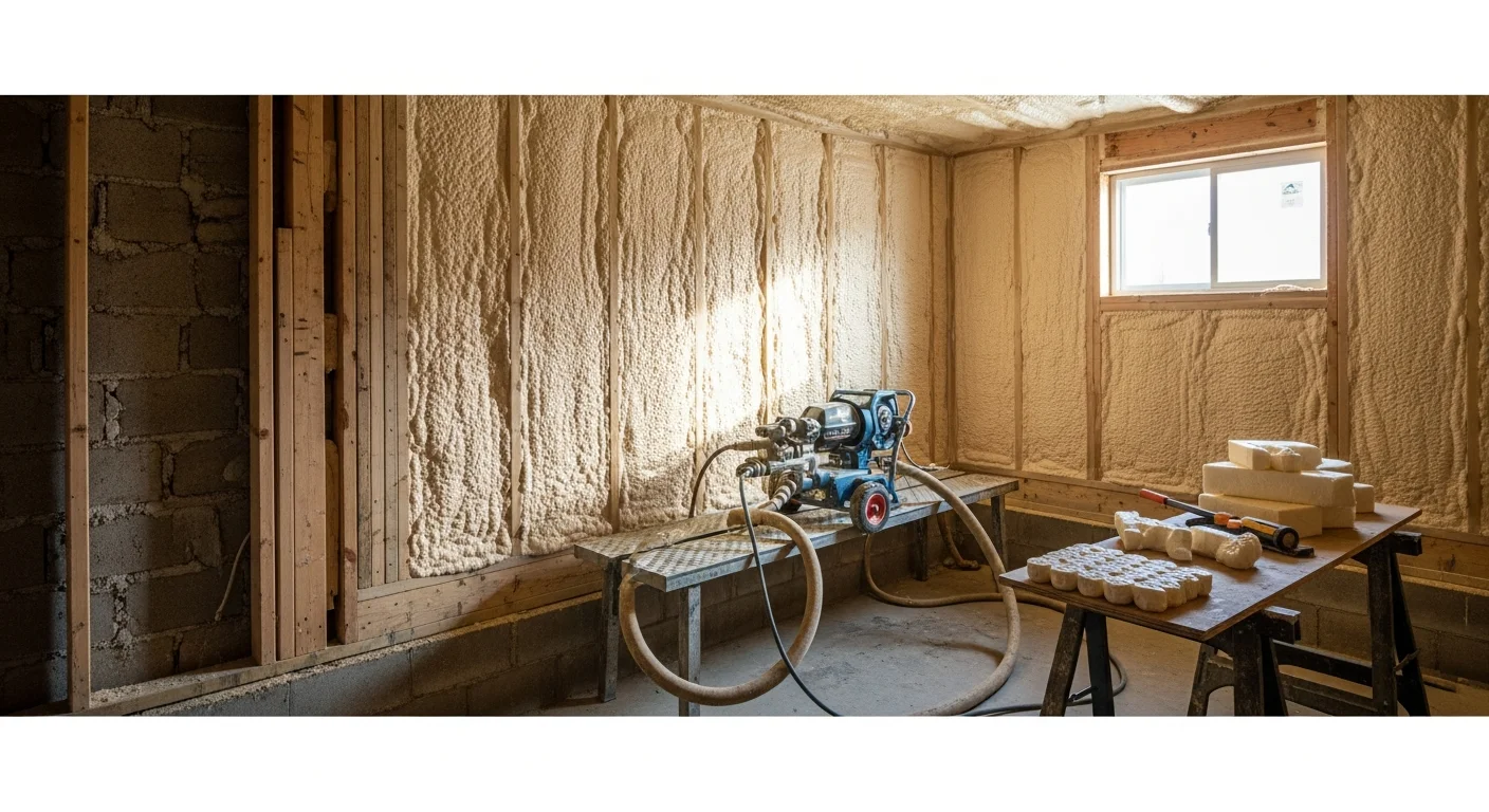 A technician applying closed cell spray foam insulation to the rim joist and crawl space walls of a residential home in Garden Valley, ID. The cured foam forms a rigid, light-yellow layer across the wood framing, sealing gaps against cold air and moisture.
