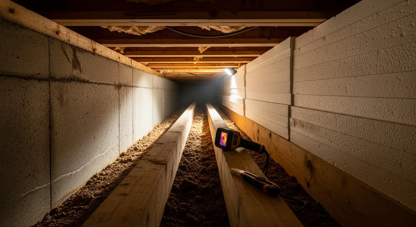A crawl space beneath a Garden Valley, Idaho home with newly installed insulation covering the floor joists and a vapor barrier laid across the ground. The space is clean, dry, and fully covered from wall to wall.
