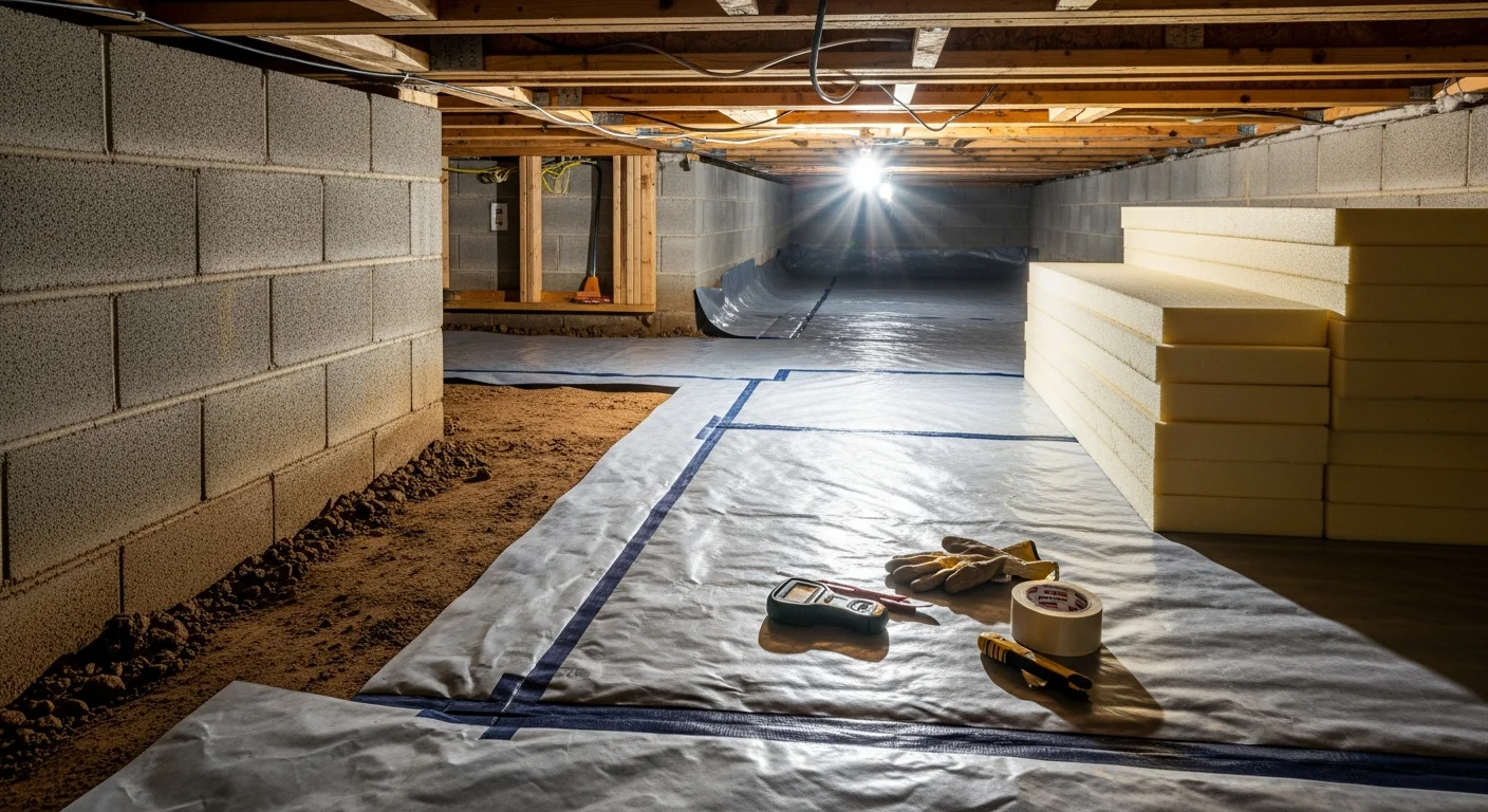 A repaired crawl space beneath a Garden Valley, Idaho home showing a clean vapor barrier laid across the ground and restored insulation along the floor joists. The space is dry with no visible moisture damage or debris.