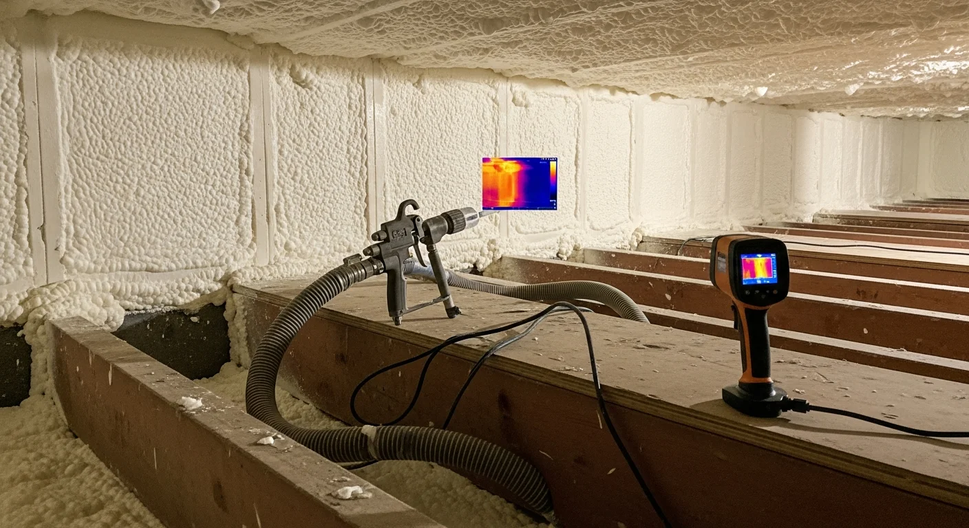 Spray foam insulation applied to the rim joists and foundation walls of a residential crawl space in Garden Valley, ID. The foam forms a continuous white seal across the concrete and wood framing surfaces.