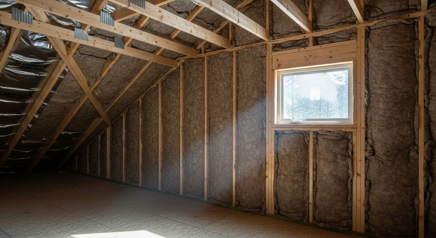 A custom home in Garden Valley, Idaho with insulation being installed in an open attic space during new construction. Snow-covered hills are visible through the framed window openings in the background.