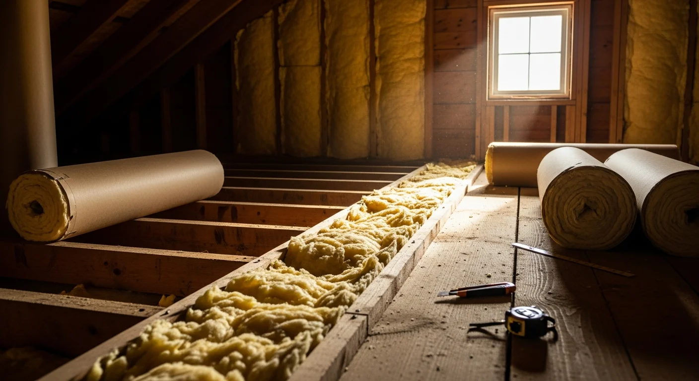 A contractor installing fiberglass batt insulation into the attic of a residential home in Garden Valley, Idaho. The image shows consistent coverage between ceiling joists with no visible gaps.