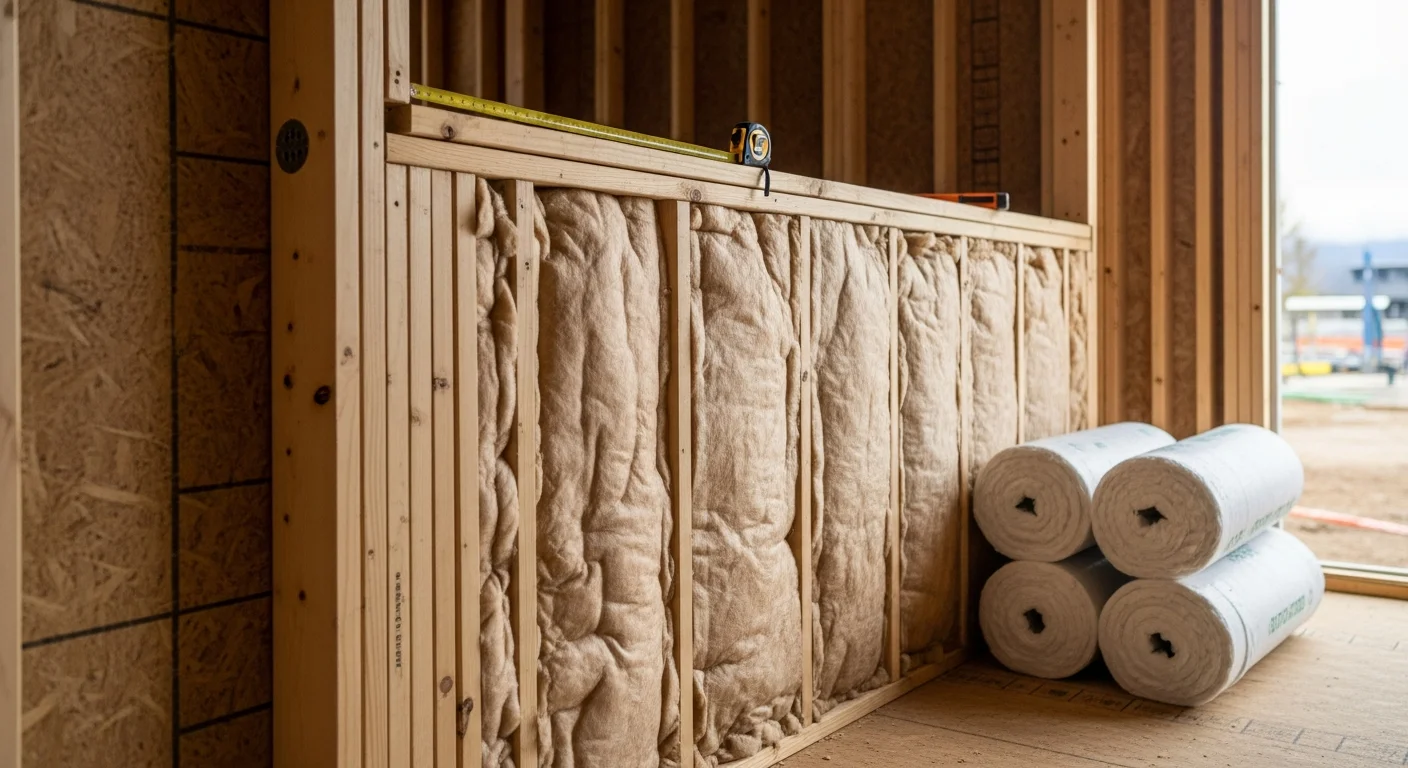 A framed new construction home in Garden Valley, Idaho with insulation installed in wall cavities and attic assembly before drywall. Snow-covered mountain terrain is visible through the open window framing in the background.