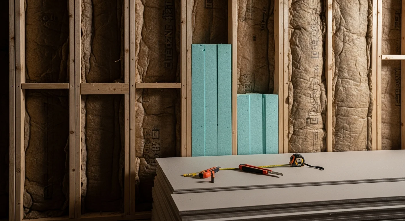 A contractor installing dense sound-absorbing insulation batts into interior wall cavities of a Garden Valley, Idaho home. Wall studs are exposed and fully filled with insulation material before drywall is applied.