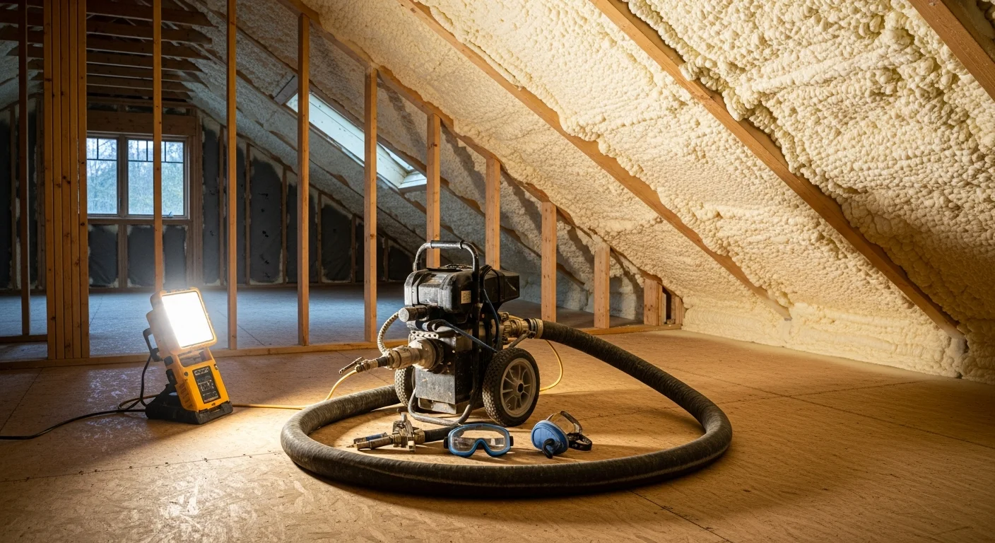 A spray foam insulation contractor applying expanding foam to the crawl space and rim joist area of a wood-frame home in Garden Valley, Idaho. The foam is freshly applied and expanding to fill gaps between the framing and foundation wall.