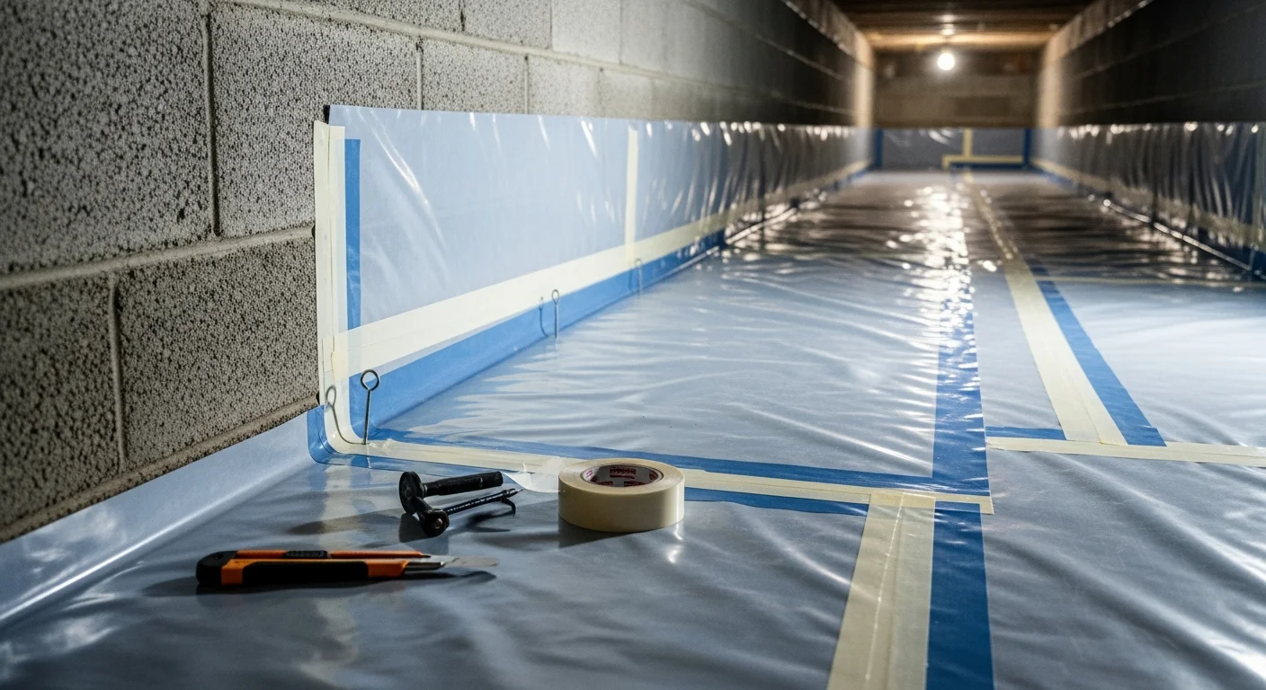 A freshly installed heavy-duty vapor barrier covering the dirt floor and lower foundation walls of a residential crawl space in Garden Valley, Idaho. The white polyethylene sheeting is overlapped and sealed at the seams, with visible floor joists above.